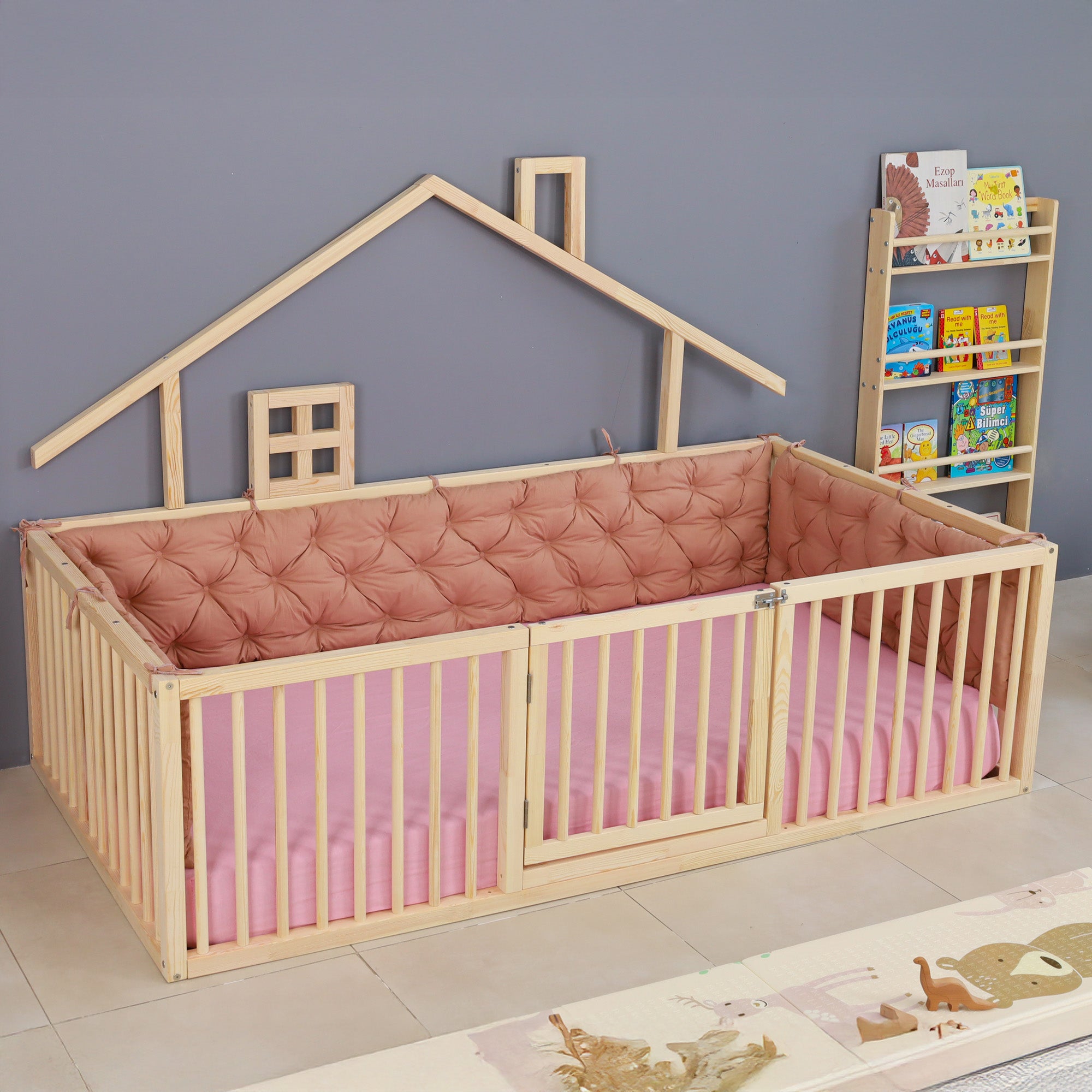 Cano - Montessori Playhouse Floor Bed with Cylindrical Railings and Gate