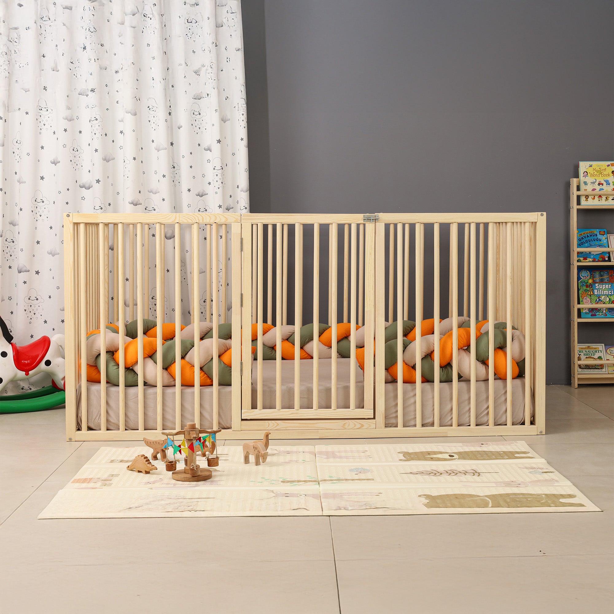Freya - Montessori Floor Bed with High Cylindrical Railings and Gate